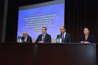 Şamaxı rayonunda Azərbaycan Respublikasının Prezidenti, Yeni Azərbaycan Partiyasının sədri cənab İlham Əliyevin partiyanın VIII Qurultayındakı nitqindən irəli gələn məsələlərlə bağlı müşavirə keçirilib